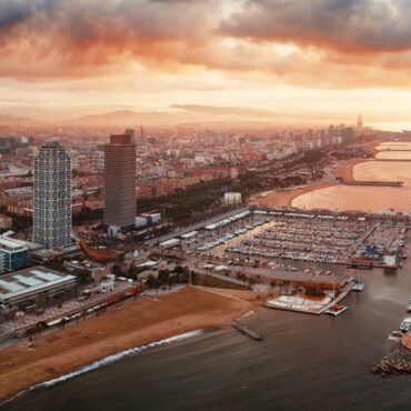 Barcelona Coast aerial sunrise view